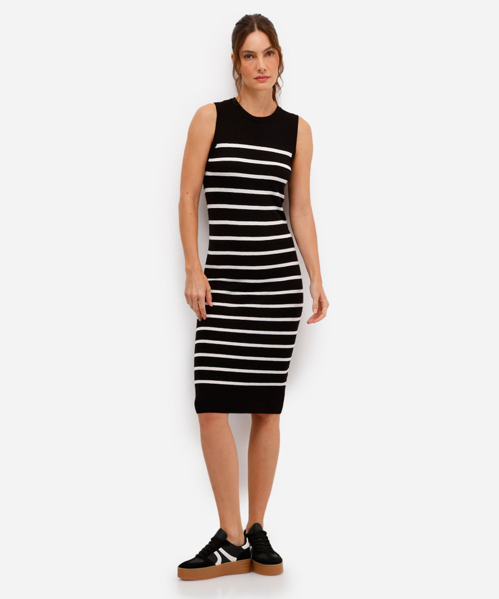 vestido midi básico feminino de tricot listrado preto