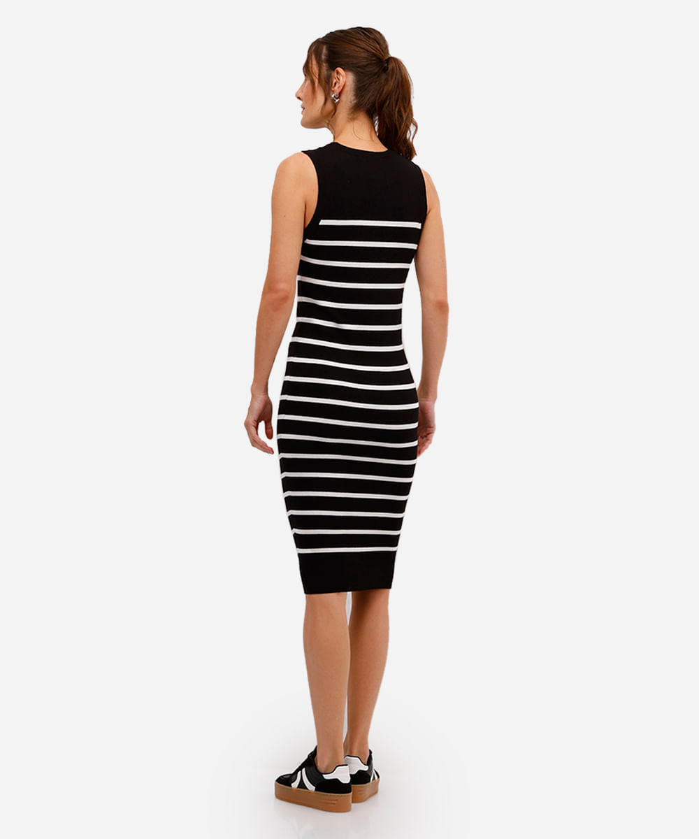 vestido midi básico feminino de tricot listrado preto