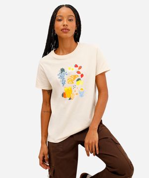 camiseta feminina de algodão estampada bege
