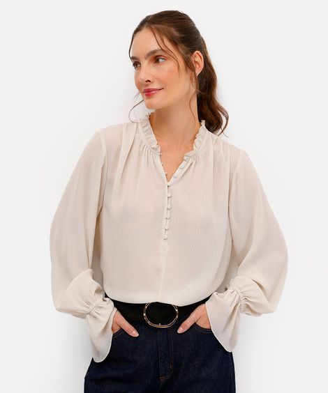 bata feminina com babado texturizada bege