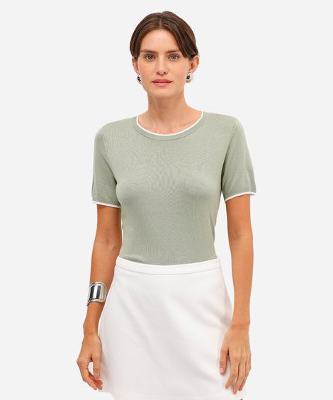 blusa de tricot manga curta listra - verde claro