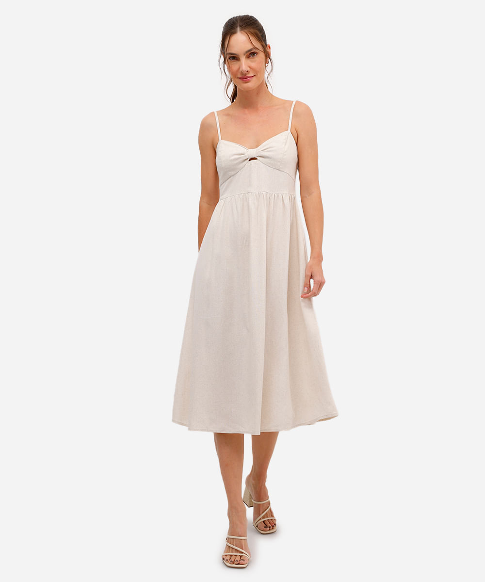 vestido midi feminino com linho e recorte bege