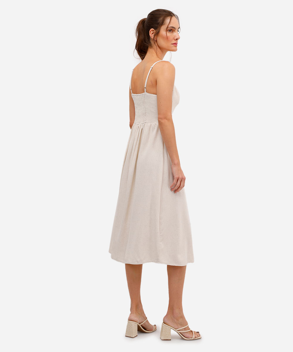 vestido midi feminino com linho e recorte bege