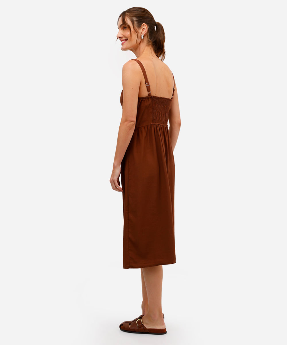 vestido midi feminino de viscose alça fina marrom