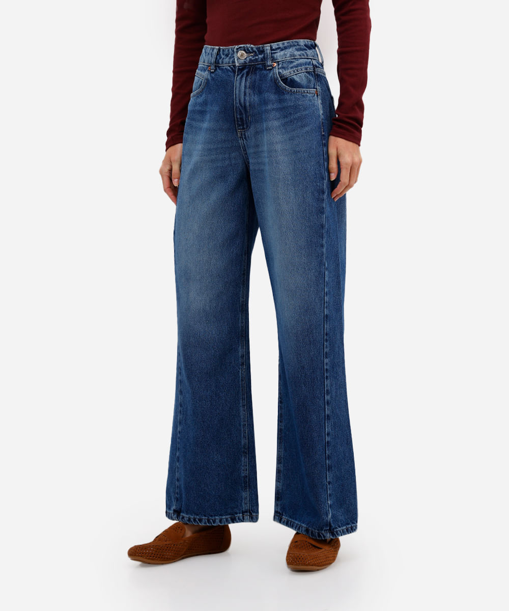 calça wide leg feminina jeans cintura alta azul