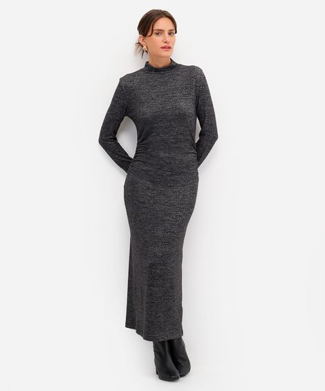 vestido midi feminino de tricot manga longa franzido cinza
