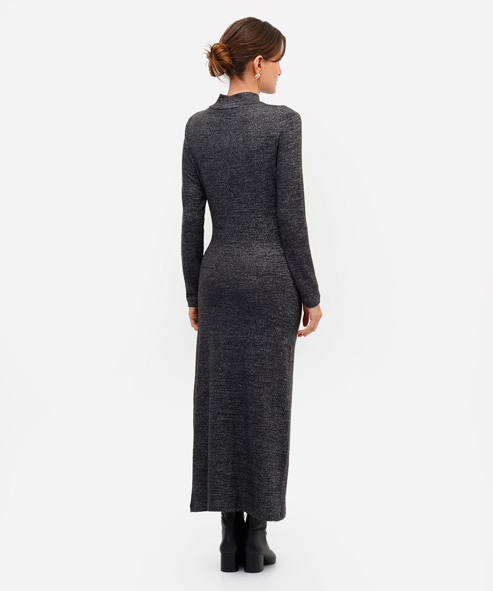 vestido midi feminino de tricot manga longa franzido cinza