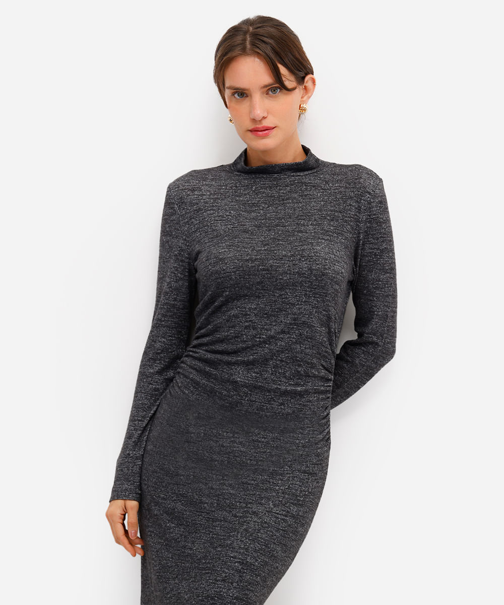 vestido midi feminino de tricot manga longa franzido cinza