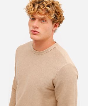 camiseta masculina de algodão manga longa canelada bege
