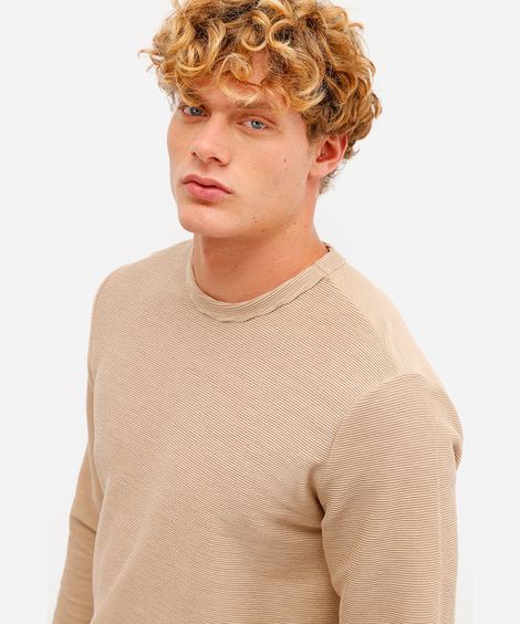 camiseta masculina de algodão manga longa canelada bege