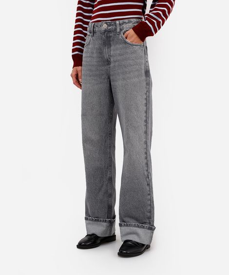 calça wide leg feminina jeans barra dobrada cinza