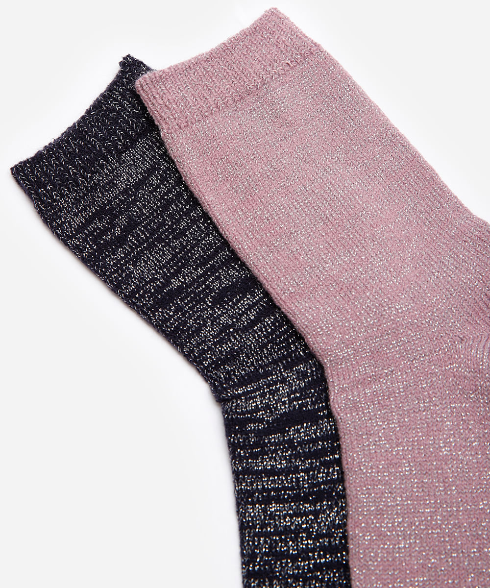 kit de 2 meias cano longo de tricot com lurex colorido