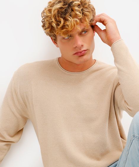 suéter masculino de tricot texturizado bege