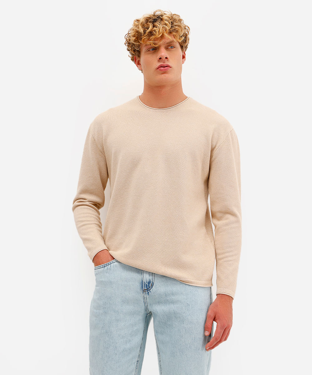 suéter masculino de tricot texturizado bege