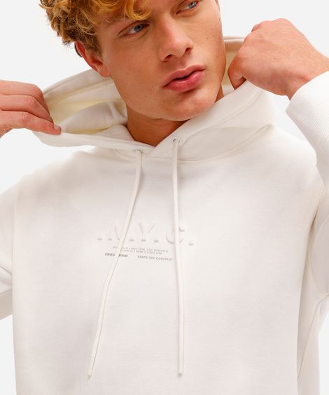 blusão oversized masculino de moletom felpado nyc com capuz off white