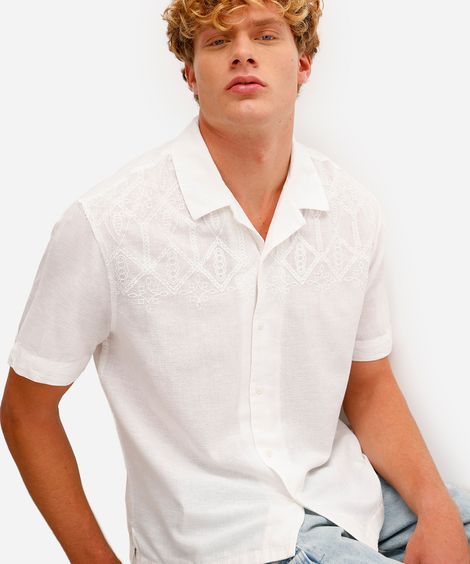 camisa masculina com linho bordada manga curta off white