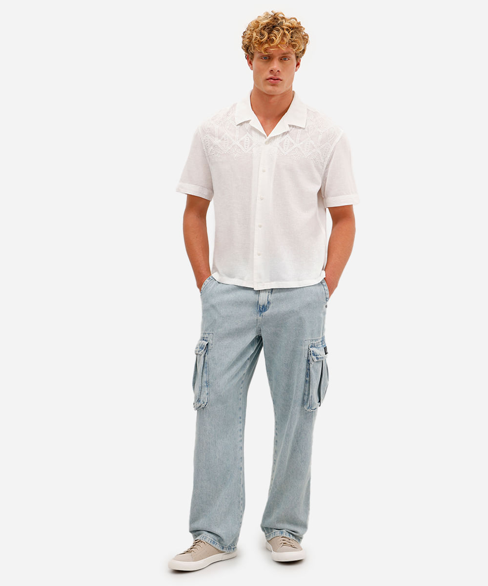 camisa masculina com linho bordada manga curta off white