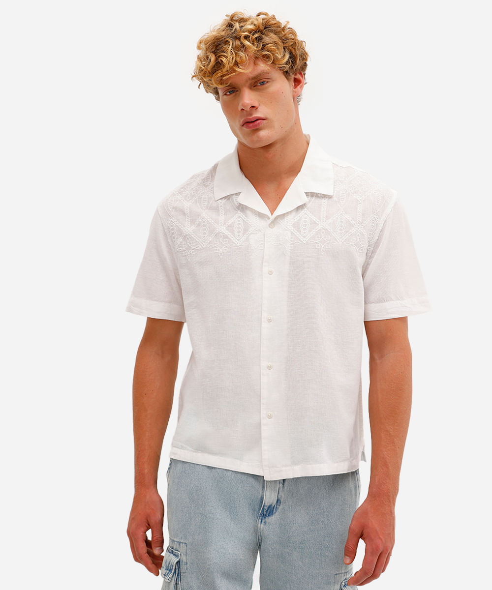 camisa masculina com linho bordada manga curta off white