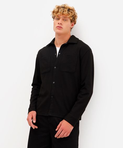 camisa masculina texturizada manga longa preta