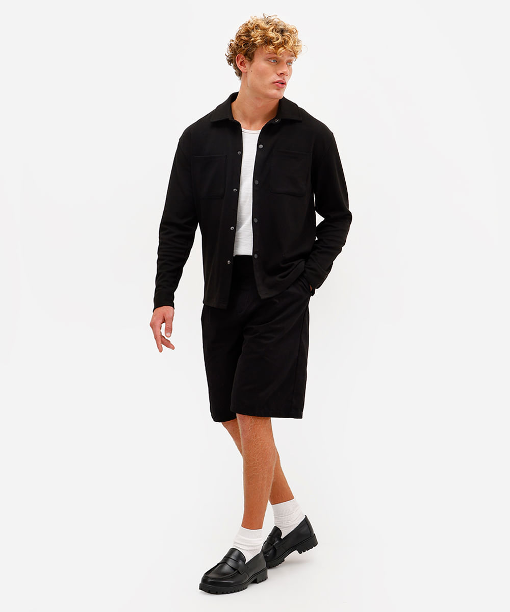 camisa masculina texturizada manga longa preta