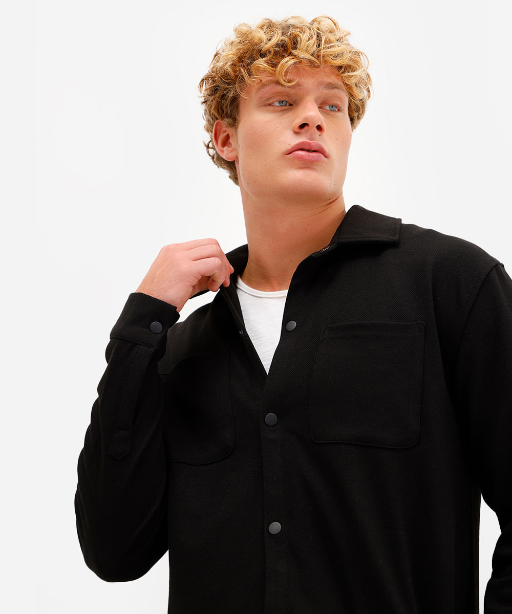 camisa masculina texturizada manga longa preta