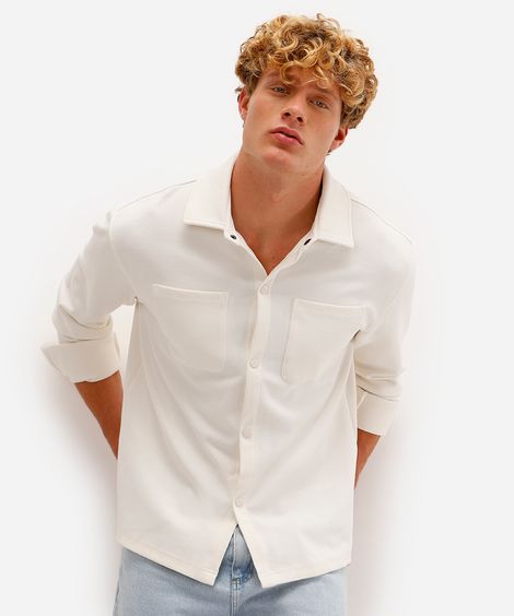 camisa masculina texturizada manga longa off white