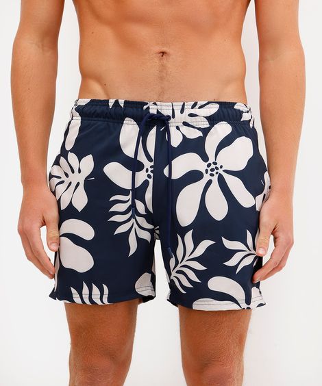 short masculino cós elástico floral azul