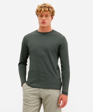 camiseta slim masculina de algodão manga longa canelada verde