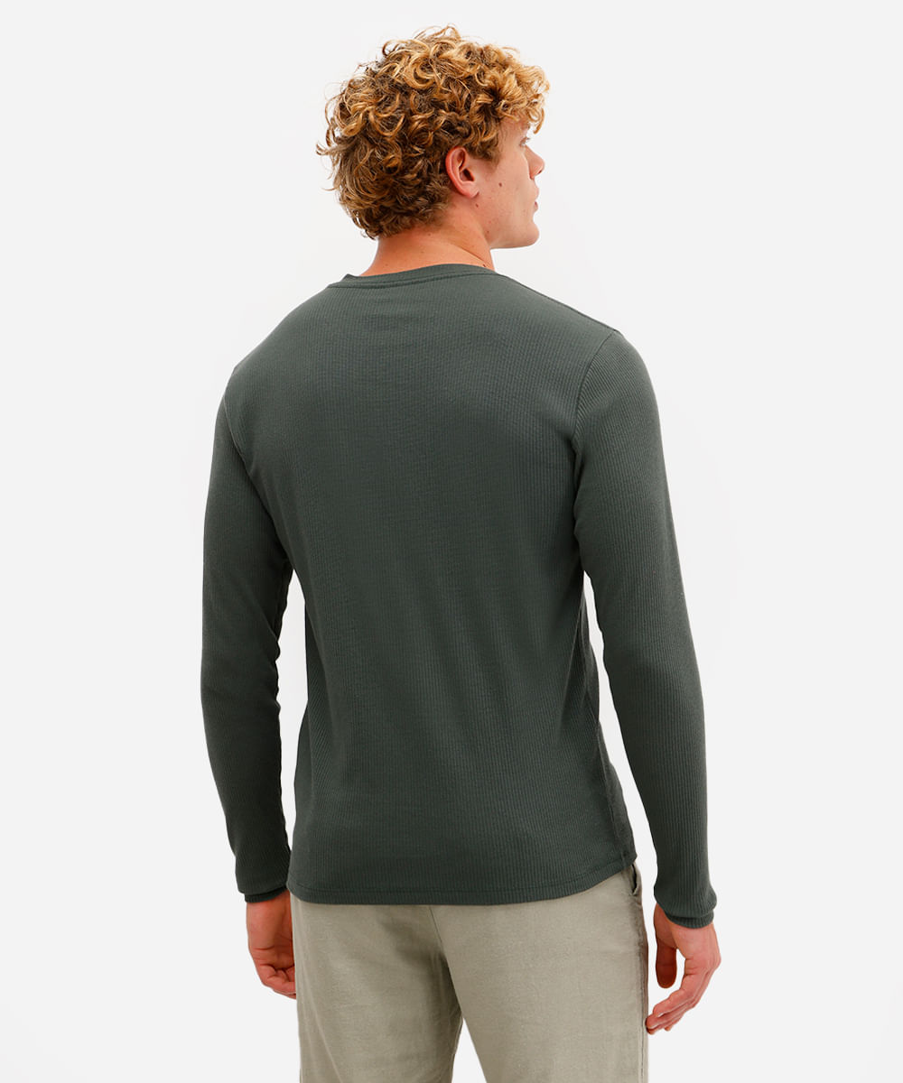 camiseta slim masculina de algodão manga longa canelada verde