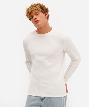 camiseta slim masculina de algodão manga longa canelada off white