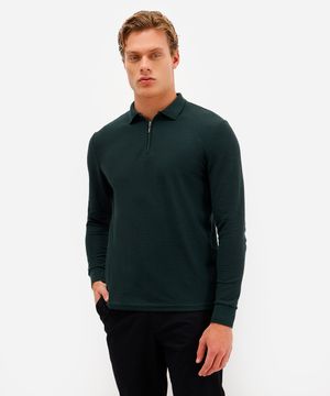 polo masculina com zíper manga longa texturizada verde