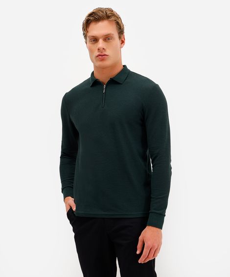 polo masculina com zíper manga longa texturizada verde