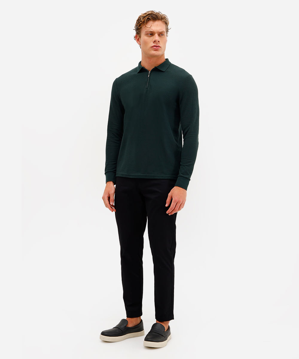 polo masculina com zíper manga longa texturizada verde
