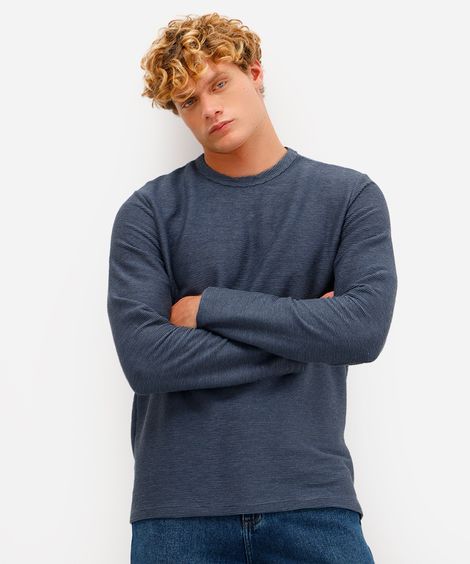camiseta masculina de algodão manga longa canelada azul