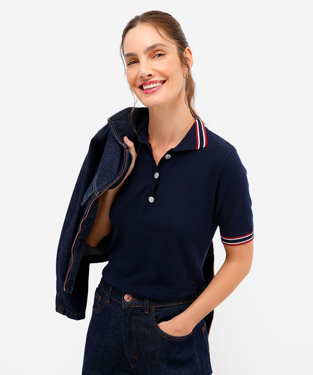 polo feminina de tricot manga curta azul