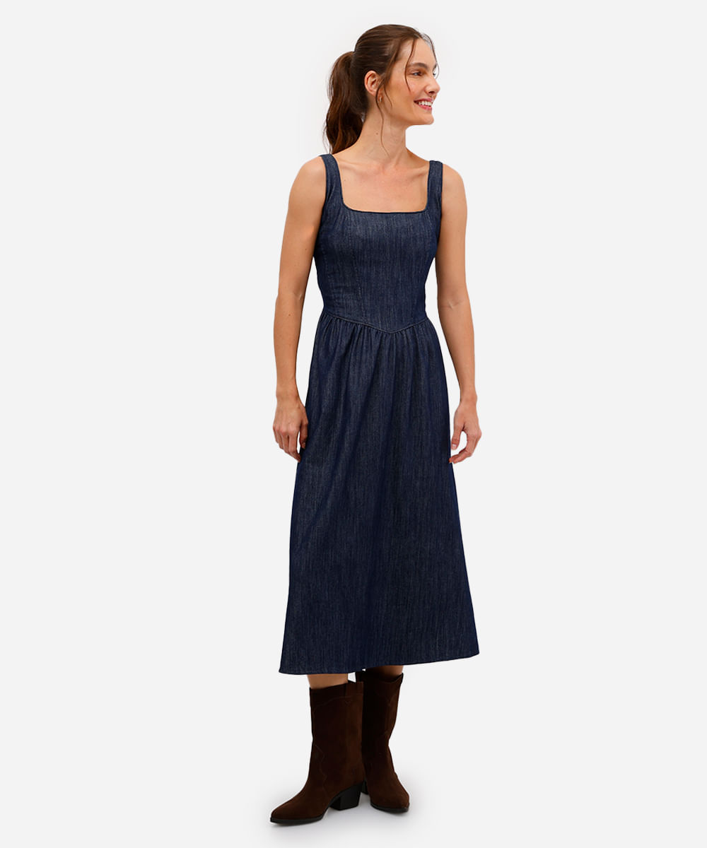 vestido midi feminino jeans decote quadrado azul
