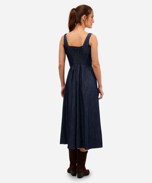 vestido midi feminino jeans decote quadrado azul