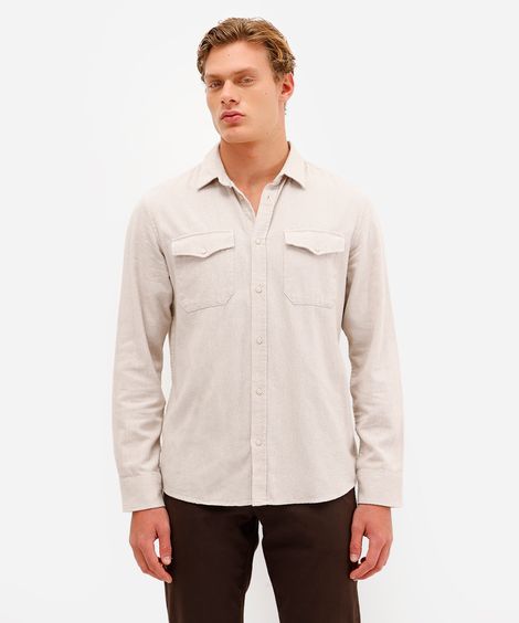 camisa masculina de algodão manga longa texturizada bege