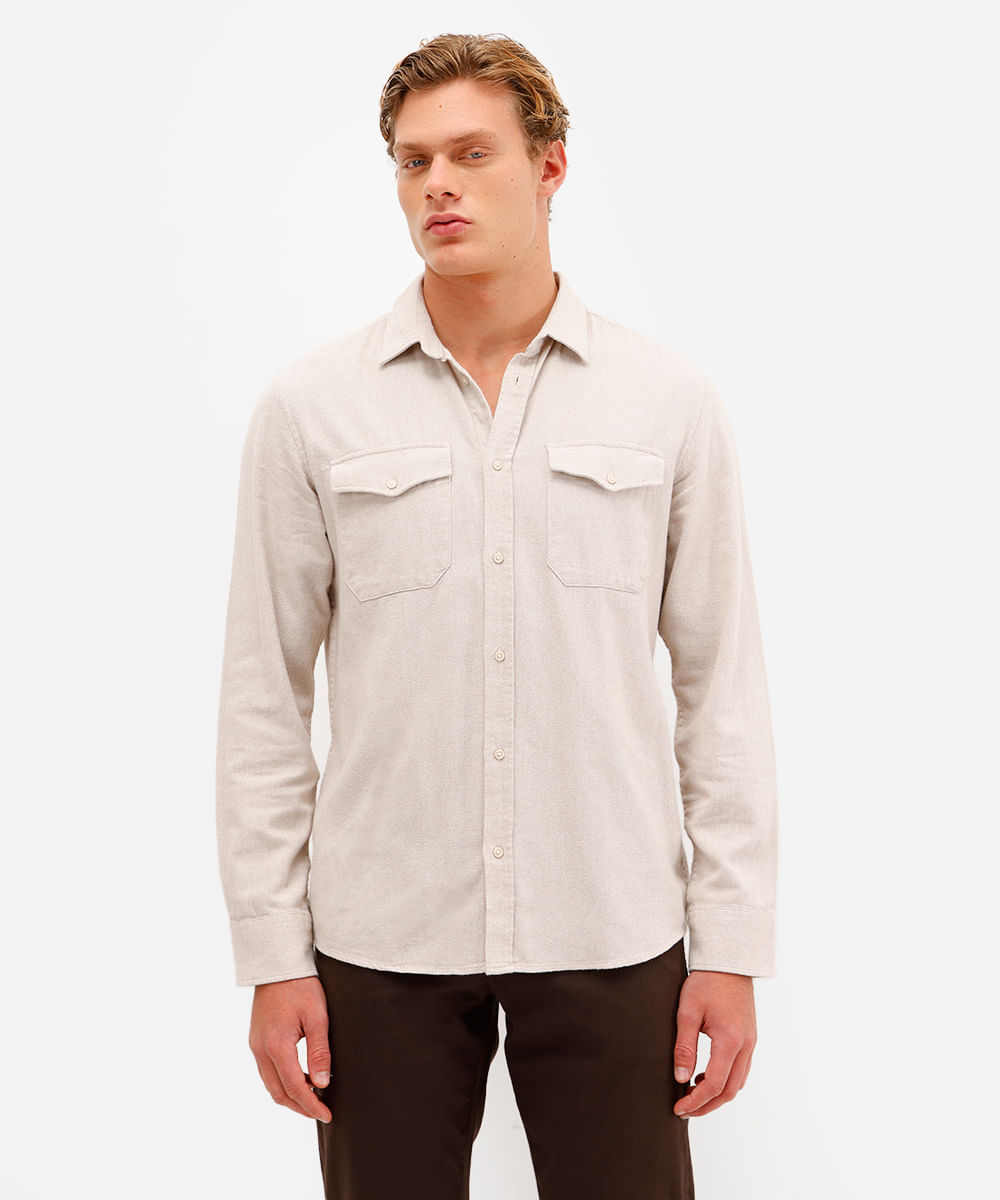 camisa masculina de algodão manga longa texturizada bege