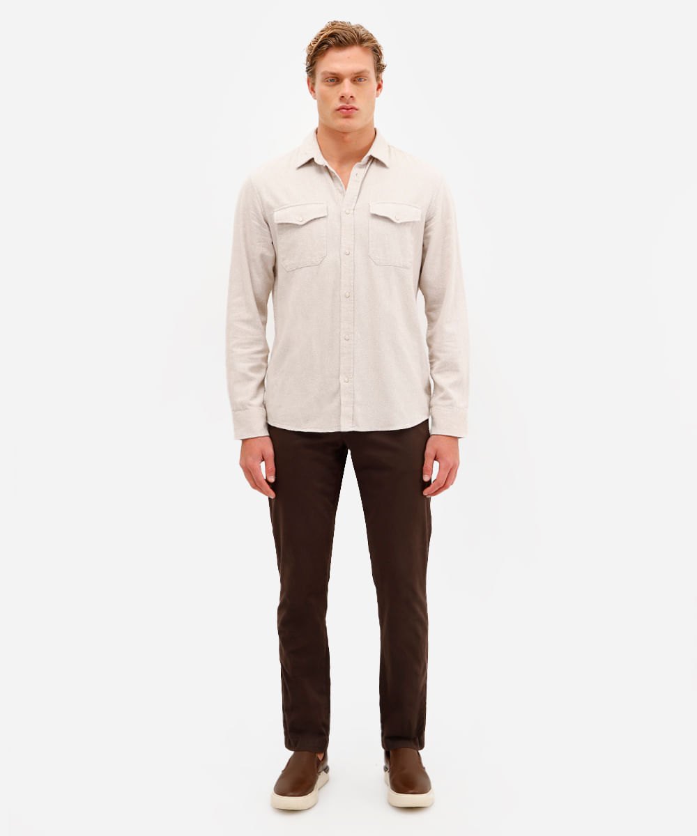camisa masculina de algodão manga longa texturizada bege