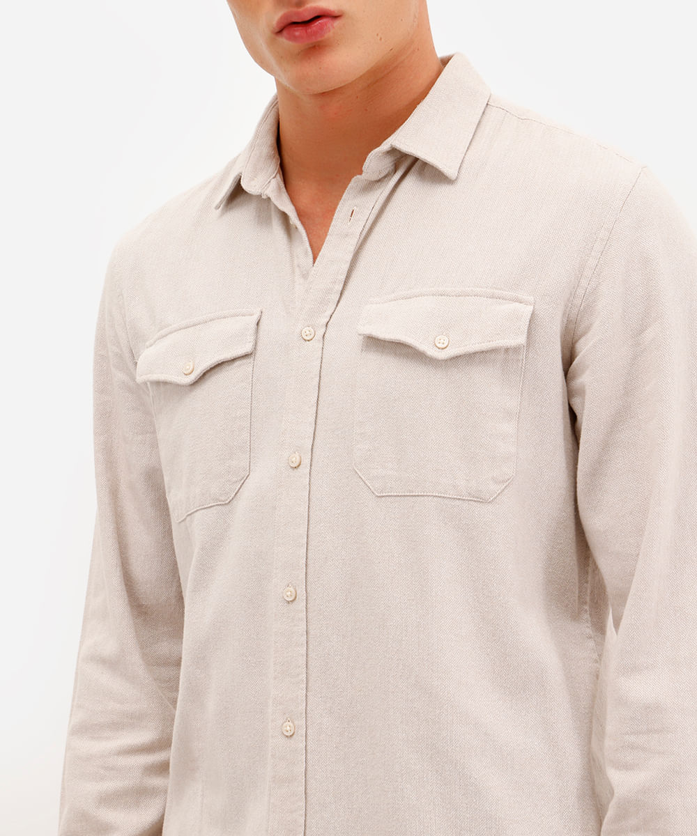 camisa masculina de algodão manga longa texturizada bege