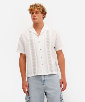 camisa masculina com linho bordada manga curta off white