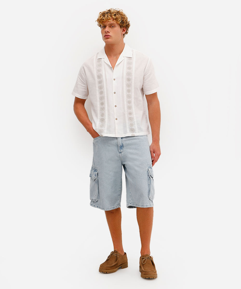 camisa masculina com linho bordada manga curta off white