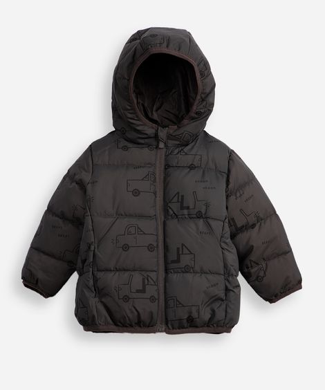 jaqueta puffer infantil com capuz carrinhos cinza