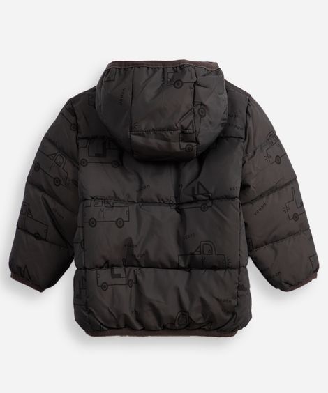 jaqueta puffer infantil com capuz carrinhos cinza