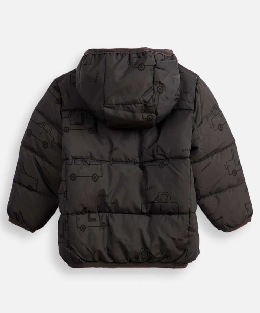 jaqueta puffer infantil com capuz carrinhos cinza