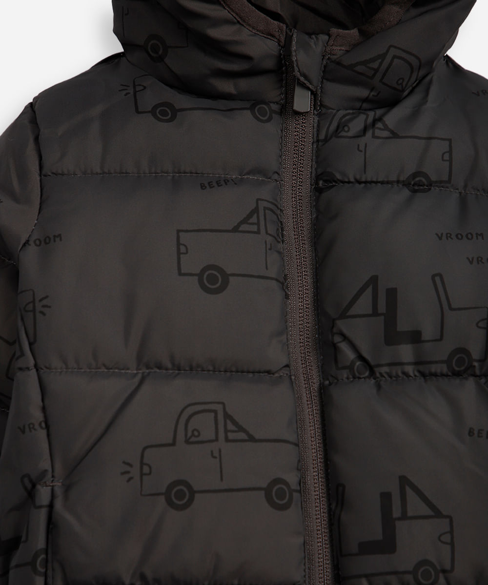 jaqueta puffer infantil com capuz carrinhos cinza