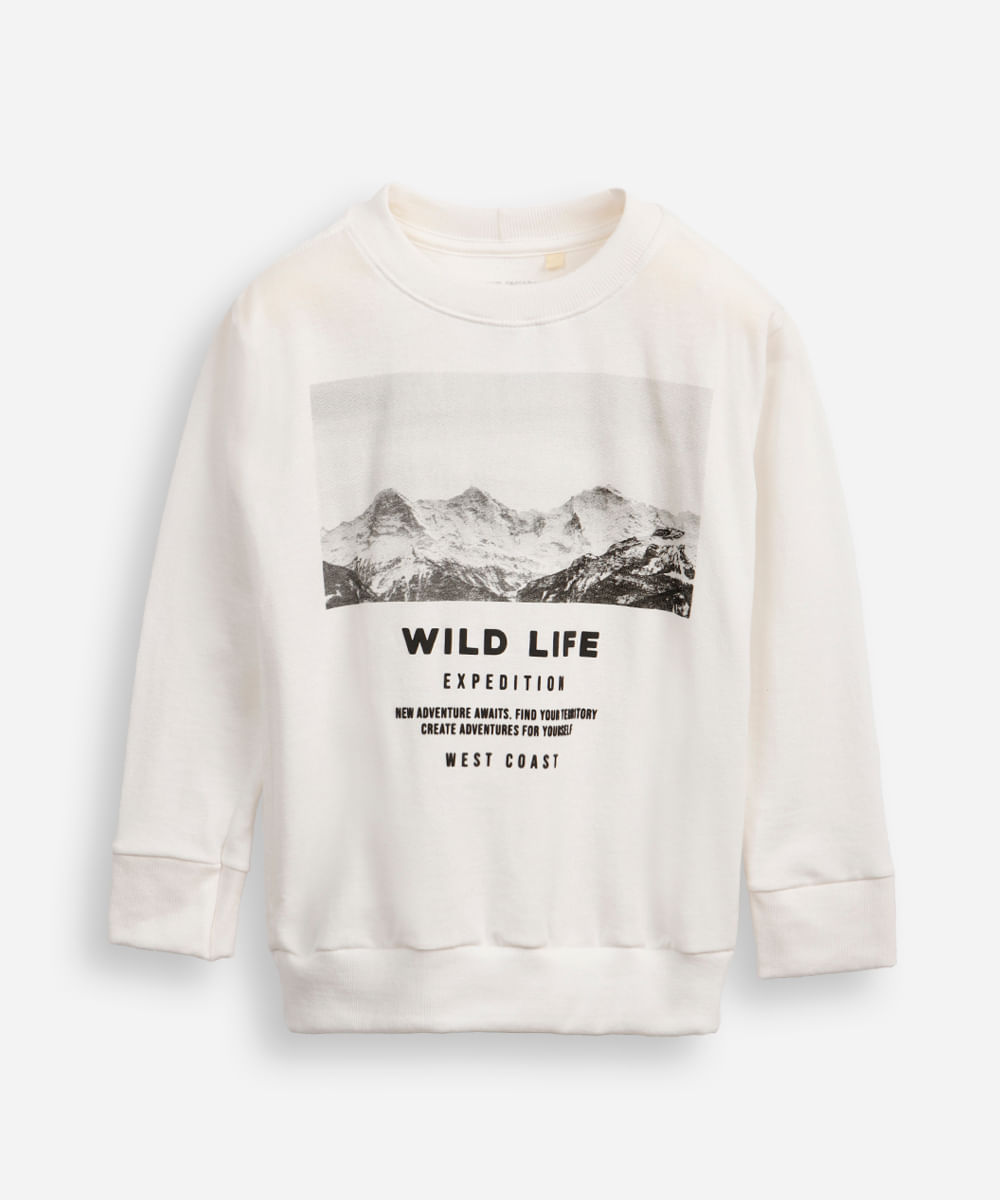 blusa de algodão infantil manga longa wild life off white
