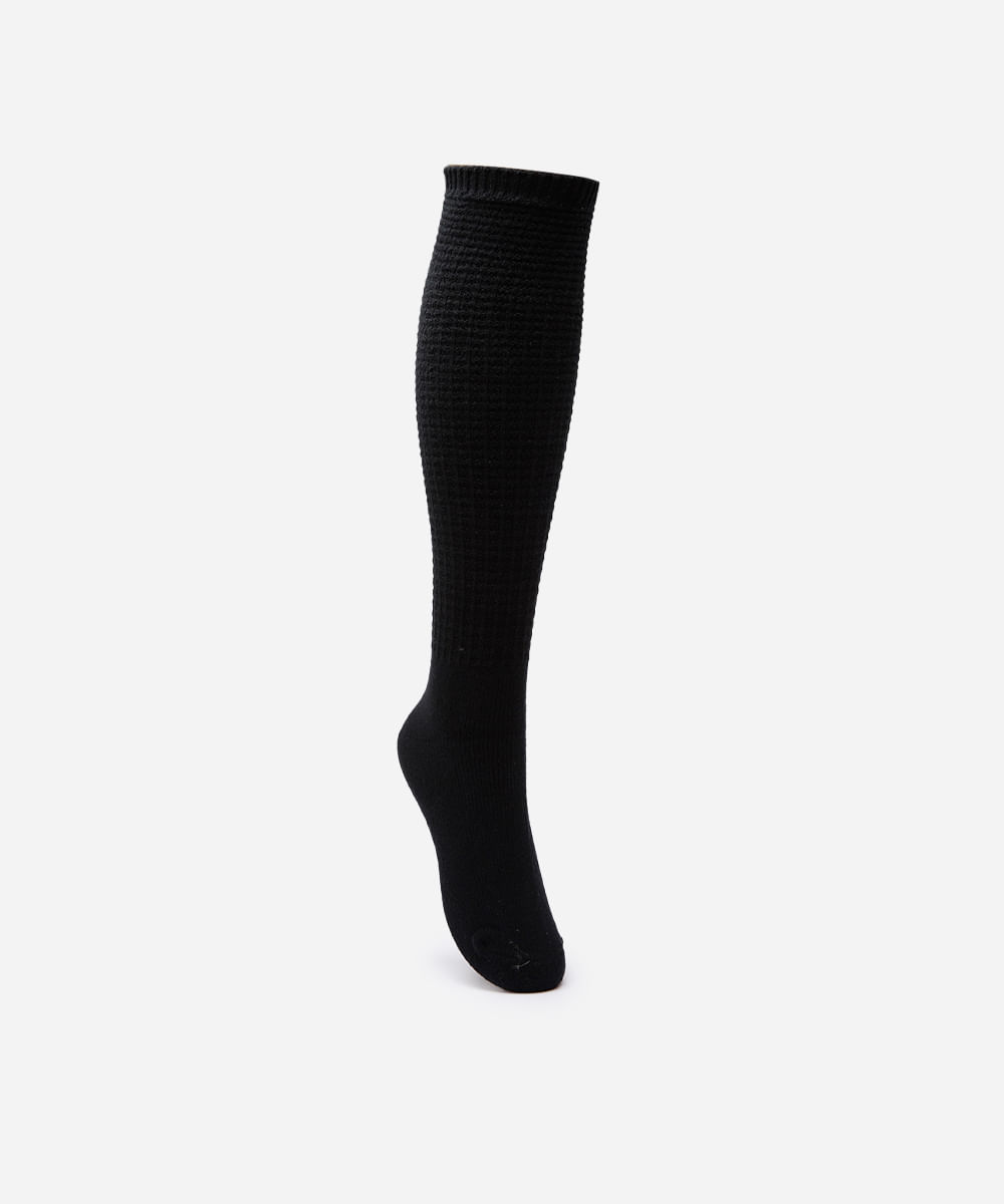meia feminina de tricot cano longo texturizada preta