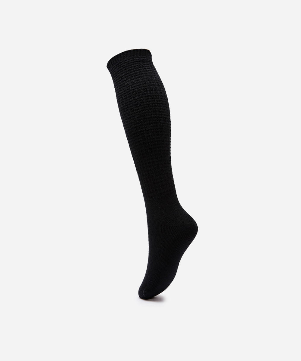 meia feminina de tricot cano longo texturizada preta